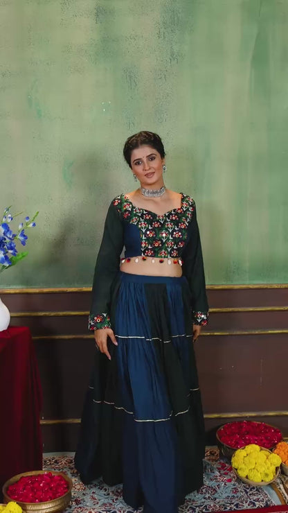 Teal Blue & Dark Green Tiered Flared Lehenga Choli with Shell-Tasseled Kutchi Work Blouse | Navratri Edition