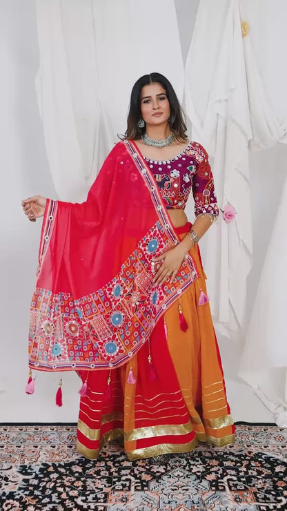 Orange & Red Dual-Tone Flared Chaniya Choli with Embroidered Blouse & Mirror Work Dupatta