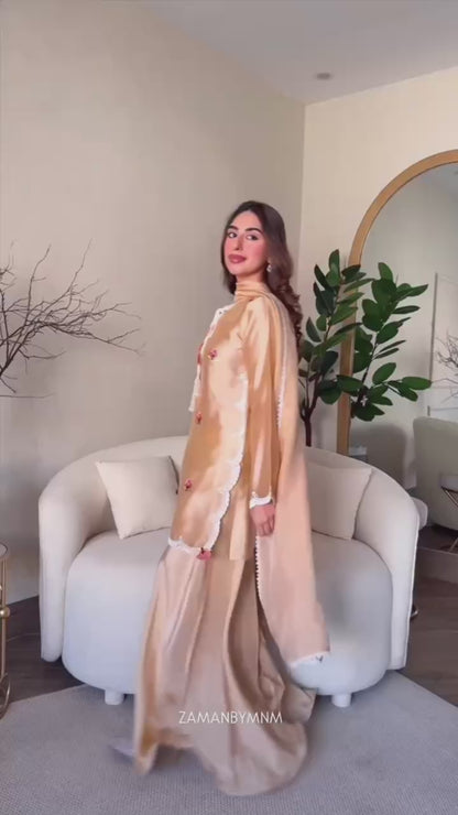 Beige Japan Satin Suit Set with Floral Thread Work & Crepe Palazzo