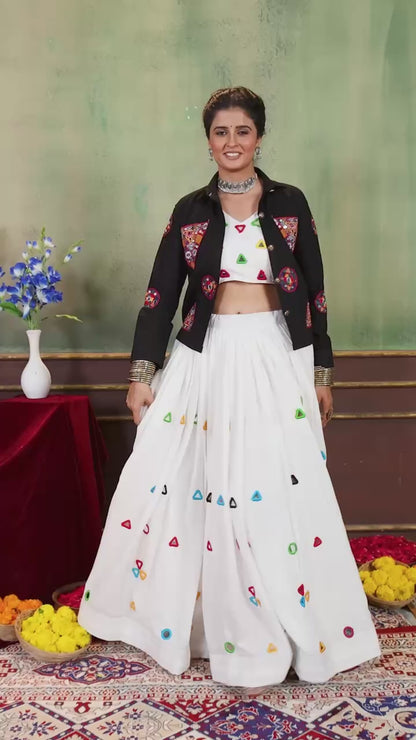 Navratri Fusion Rayon Cotton Lehenga & Gamthi Denim Jacket Set