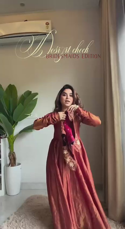 Designer Embroidered Vest Jacket Style Tissue Silk Ethnic Gown
