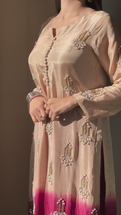 Women's Tailored White Chinnon Silk Suit Set with Beads and Moti Work | Wedding & Festive Wear