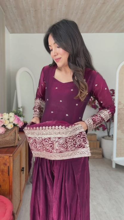 Wine Purple Short Kurti & Salwar Set with Dupatta