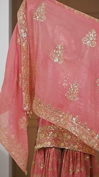 Peach Pink Heavy Gota Patti Embroidered Sharara Suit Set with Organza Dupatta