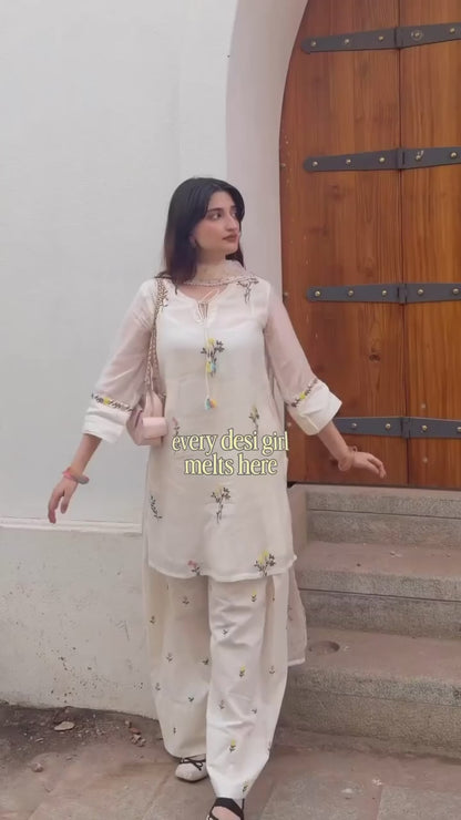 Off-White Tasseled Keyhole Short Kurti & Palazzo Suit Set