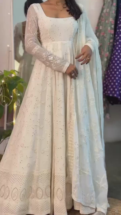 Heavy Slim Georgette Padded Anarkali Suit with Full Sleeves, Pant & Dupatta