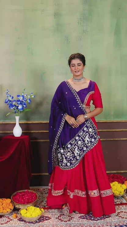 Traditional Rani Pink Flared Navratri Chaniya Choli with Purple Mirror Border Dupatta Set