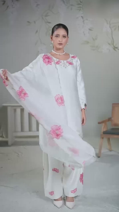 Elegant White & Pink Floral Threadwork Suit Set with Scalloped Border for Women