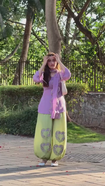 Lilac Mal Chanderi Short Tunic Kurti Set with Green Heart Embroidered Balloon Pants