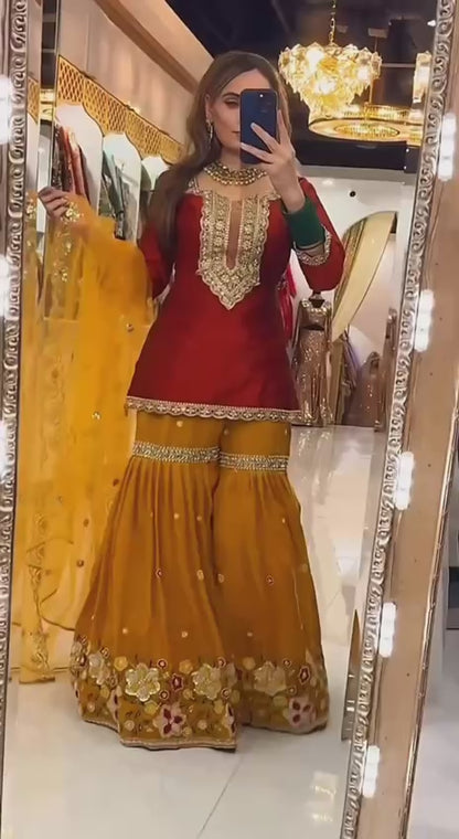 Designer Floral Embroidered Gharara & Short Kurta Set with Net Dupatta