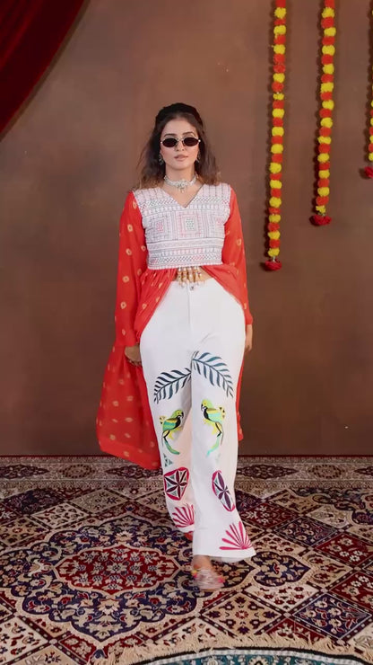 Bright Orange Bandhani Flare Cape Top with Painted White Trousers