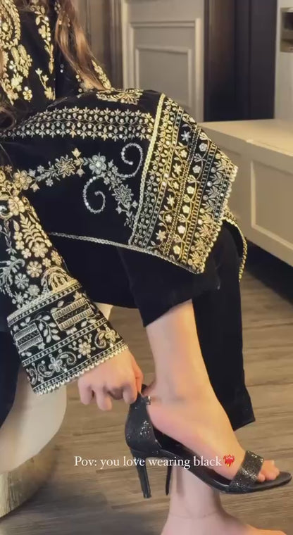 Elegant Black & Gold Embroidered Velvet Tunic Set for Festive Occasions