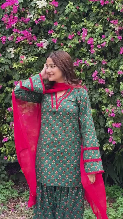 Teal & Red Printed Co-ord Set with Nazmin Dupatta