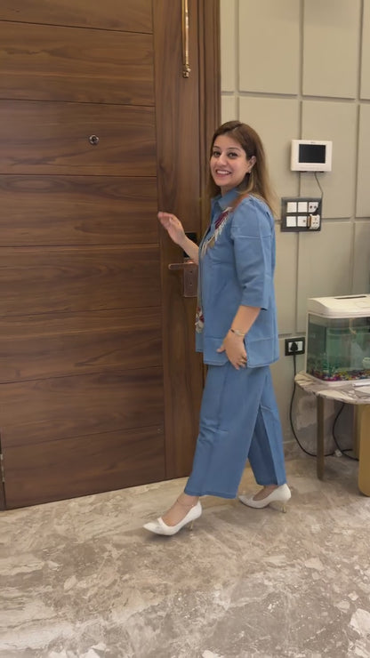 Alluring Blue Cotton Denim Co Ord Set with Sequence Embroidery For Daily Wear