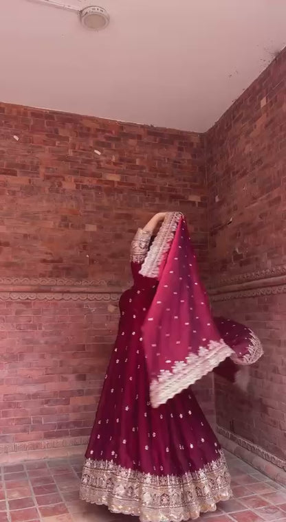 Royal Maroon Embroidered Anarkali Set – Perfect Wedding & Festive Wear