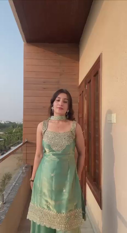 Designer Scalloped Hem Tissue Silk Kurti & Sharara Set (2 Colors Available)