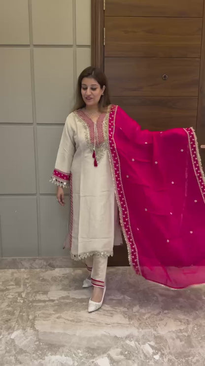 Pure Chinon Kurti Pant Set with Real Mirror & Moti Work – White & Pink