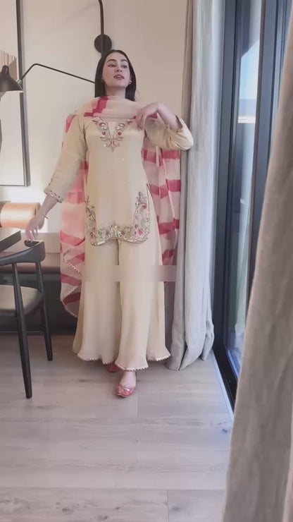 Festive Beige Silk Suit Set with Pink Embroidered Border & Striped Organza Dupatta