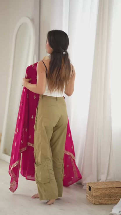 Faux Georgette Kurta Pant Set with Thread & Bead Work – Rani Pink