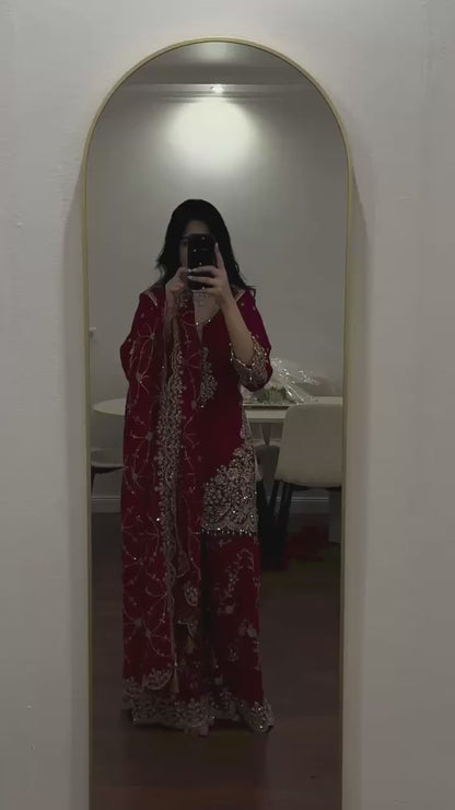 Heavy Embroidered Sharara Palazzo Suit Set – Available in 3 Colors