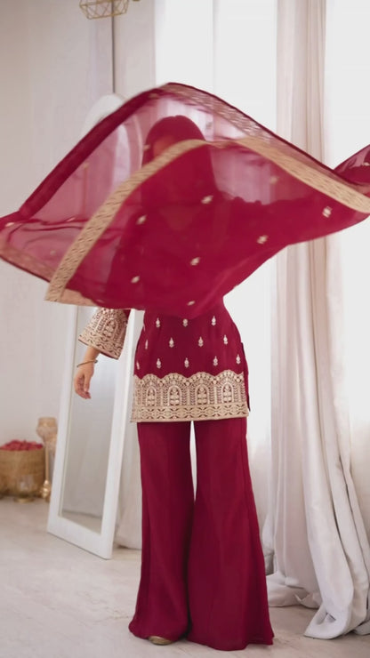 Women's Wine Maroon Embroidered Short Kurti with Sharara Pants & Dupatta Set