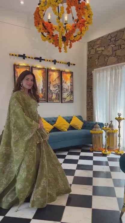 Olive Green Floral Digital Print Sharara Set with Coin Lace & Dupatta