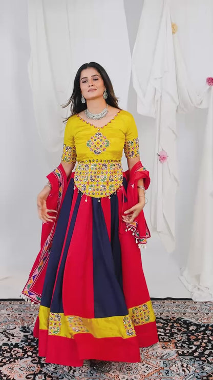 Red & Navy Blue Striped Flared Chaniya Choli Set with Yellow Mirror-Work Blouse & Red Dupatta