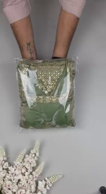 Sage Green Fendy Silk Anarkali Gown with Sequence Embroidery Dupatta