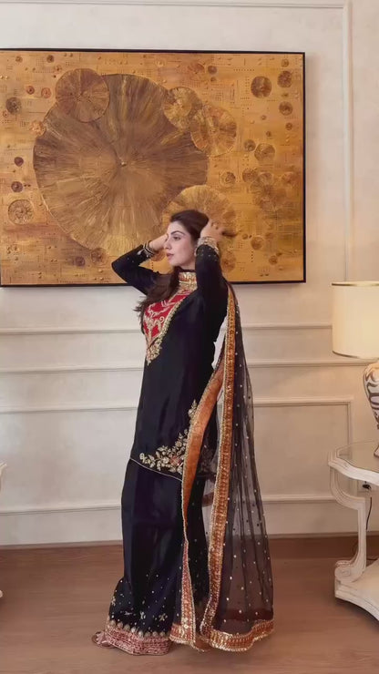 Designer Contrast Yoke Neck Embroidered Ethnic Suit Set with Dupatta for Women