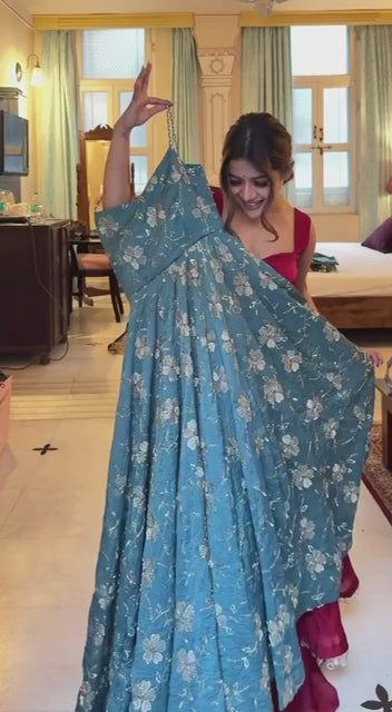 Ocean Teal Floral Embroidery Anarkali Set with Straight Pants | Party Wear Ethnic Suit