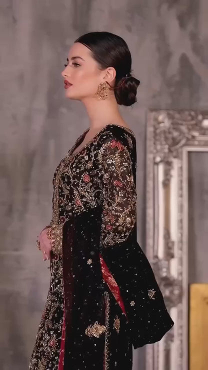 Vintage Zardozi Embellished Long Suit Ensemble with Contrast Dupatta