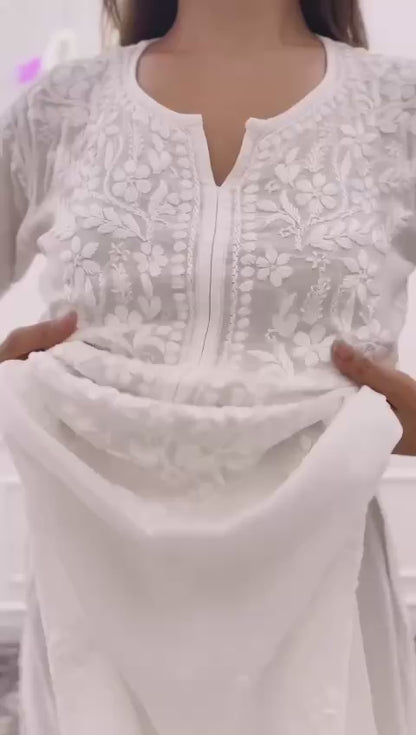 Muslin White Thread Embroidery work Kurta Plazo Dupatta Set