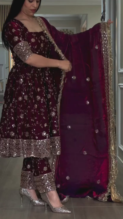 Women Heavy Embroidered Anarkali Suit Set with Pants & Dupatta (Available in Rust Orange & Maroon)
