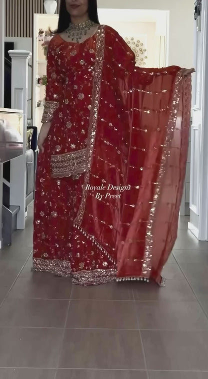 Rust Red Floral Sequin Embroidered Sharara Suit Set with Dupatta