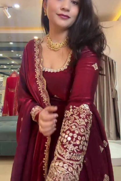 Maroon Two Tone Fandy Silk Hand Pearl & Sequins Embroidered Anarkali Suit Set with Dupatta