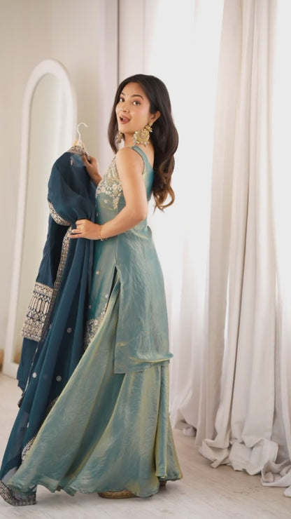 Teal Blue Embroidered Short Kurti with Sharara Pants & Dupatta Set