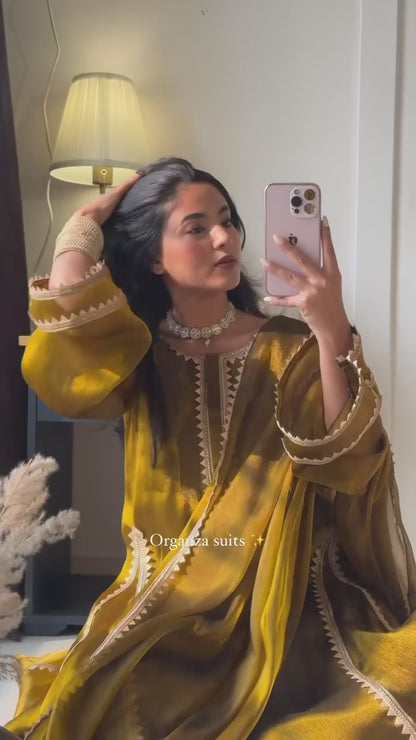 Olive Mustard Chiffon Burberry Silk Gown Set with Lace Border