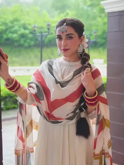 White Cotton Flared Anarkali Suit with Latkan Dupatta
