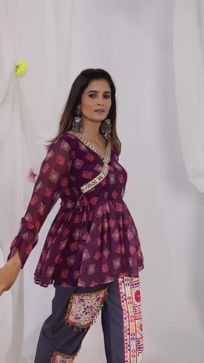 Purple Bandhani Print Short Kurti with Kutchi Patchwork Wide-Leg Jeans | Navratri Indo-Western Set