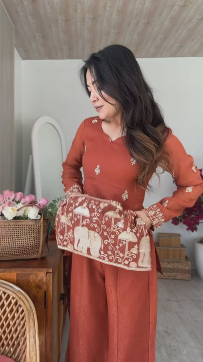 Rust Embroidered Short Kurti Sharara Set with Dupatta