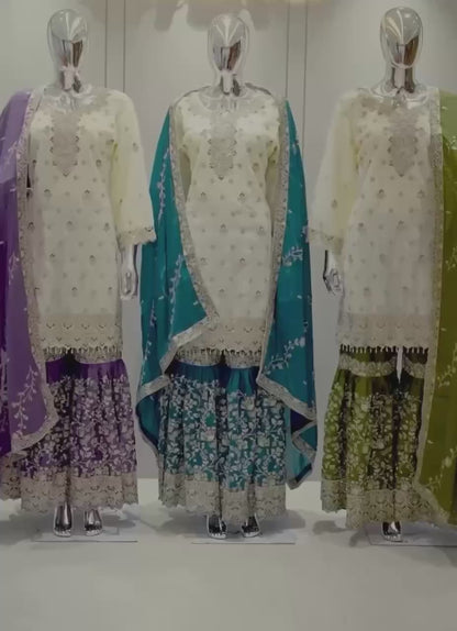 Festive Cream Kurta Sharara Suit Set with Heavy Embroidered Dupatta for Women (Multi-Color Options)