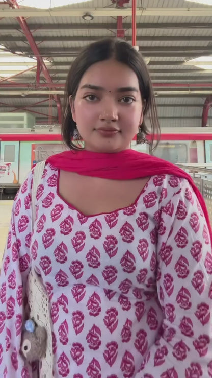 Women's Pink & White Floral Print Pure Cotton Short Kurti Salwar Suit Set with Dupatta