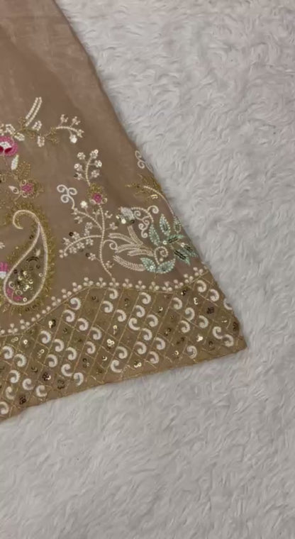 Fully Stitched Rose Gold Kurta Pant Set with Heavy Embroidery & Lace Border Dupatta